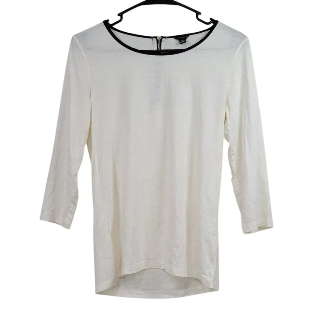 Ann Taylor XS White 3/4 Sleeve Tencel Blend Black Trim Stretch Zip Back Top - Image 2