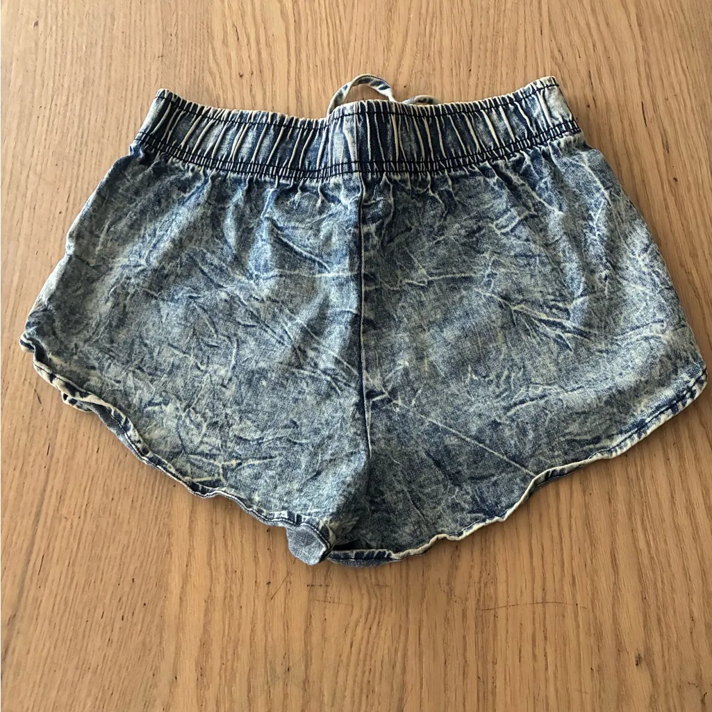 Vibrant Acid Wash Blue Booty Denim Style Cotton Draw String Shorts S - Image 5