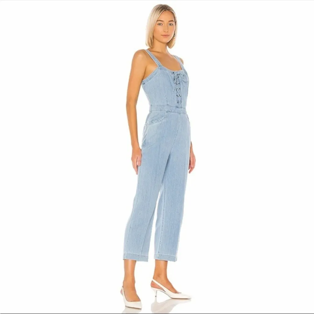 Paige x Revolve November Denim Jumpsuit Overalls Zeila Crop Wide Leg Lace Up XL - Image 2