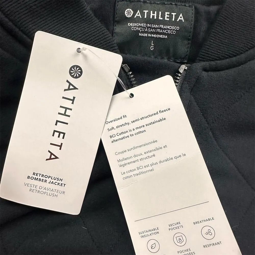 NWT Athleta Women's Retroplush Bomber Jacket Black Quilted Size L Oversized - Image 8
