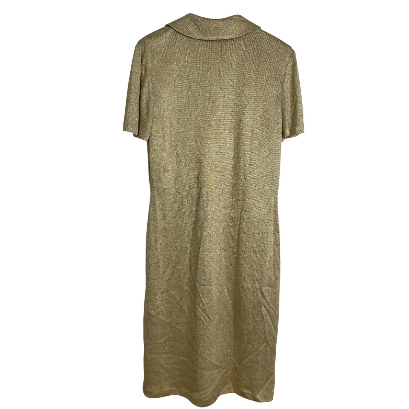 St John Couture Dress Womens 12 Gold Metallic Short Sleeve Knit Button Midi - Image 2
