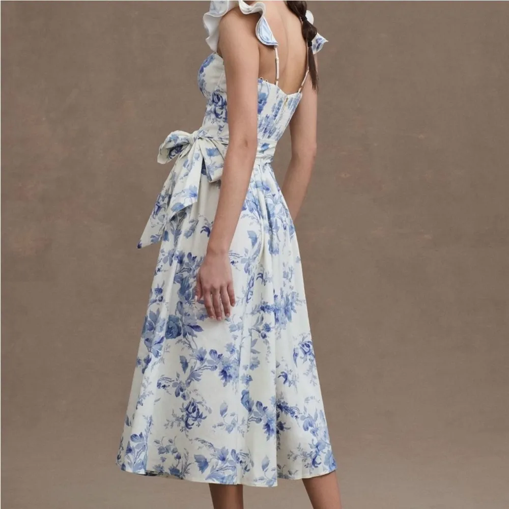 NWT V.Chapman Vera Ruffle Strap Corset Side Slit Midi Dress Size XL /14 Blue - Image 2