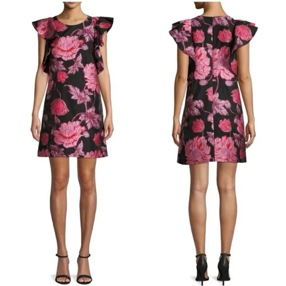 NWT Badgley Mischka Belle Gina Dress Mini Jacquard Black Pink Floral 4 Cocktail - Image 2
