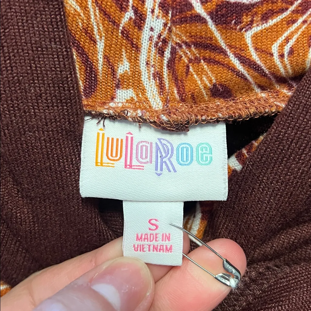 LuLaRoe Women’s Brown Lightweight Hoodie with Orange Swirl Pattern. Size: Small - Image 2