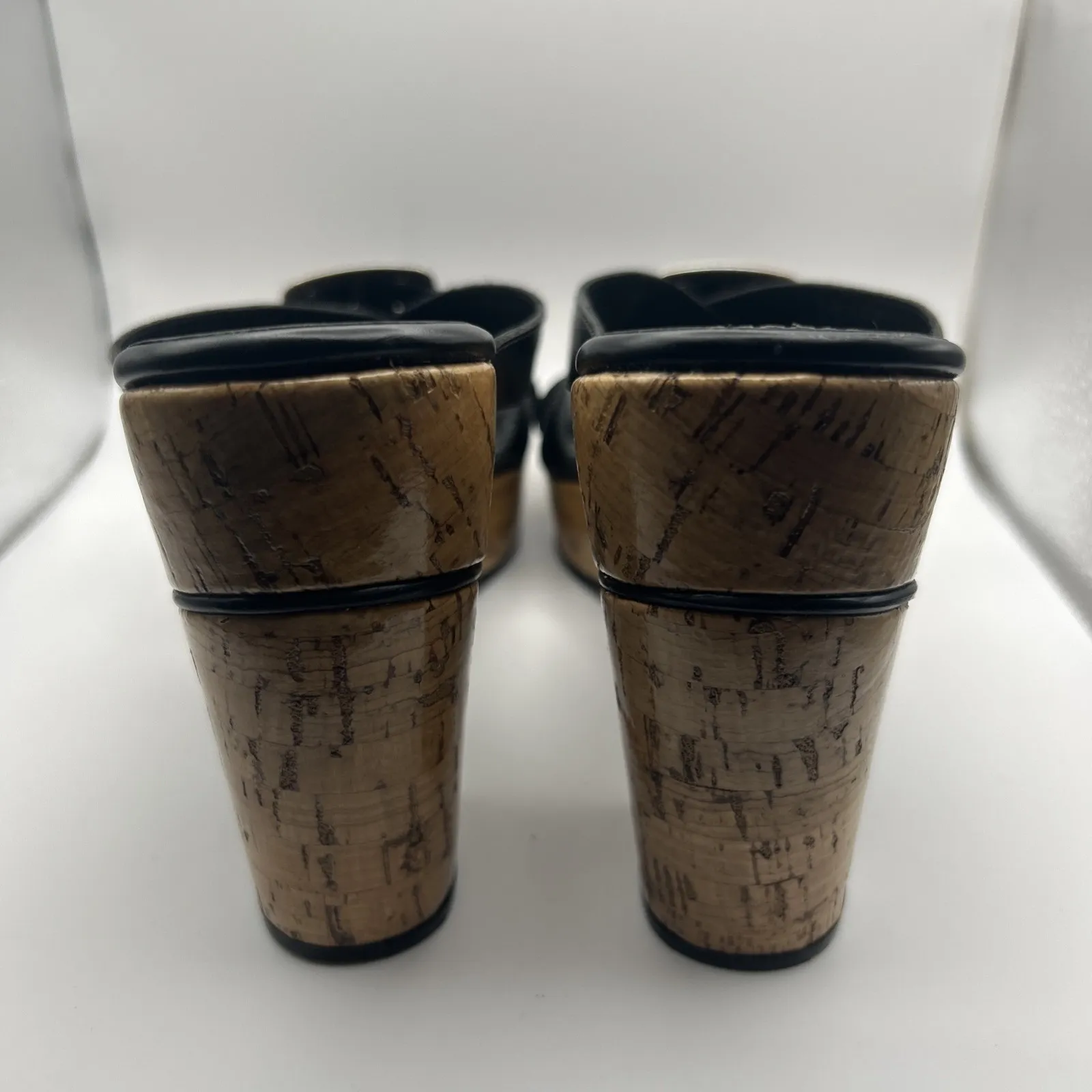 Brighton‎ Black Leather Cork Wedge Sandals Silver Buckle Heels Size 8.5M Brazil - Image 2