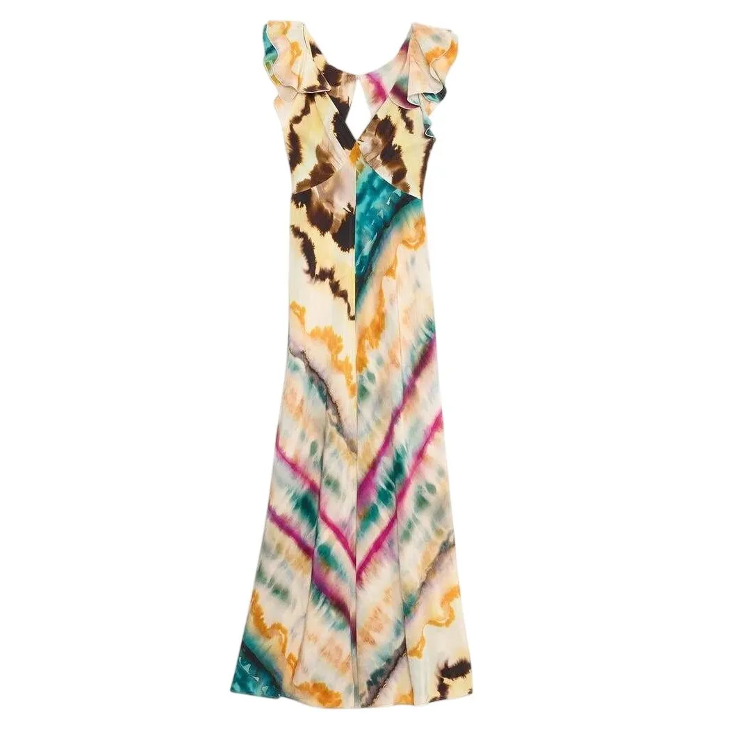 Banana Republic 100% Silk Open Back Maxi Dress in Yellow Tie Dye Size 10 - Image 5