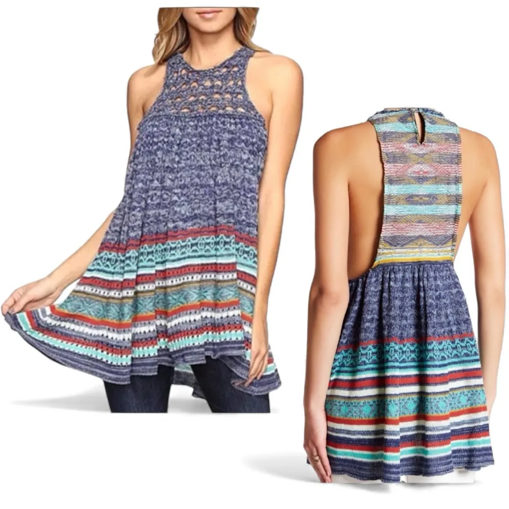 Free People Rare Striped Crochet Tank Tunic Dress Tribal Boho Southwestern XS - Image 2