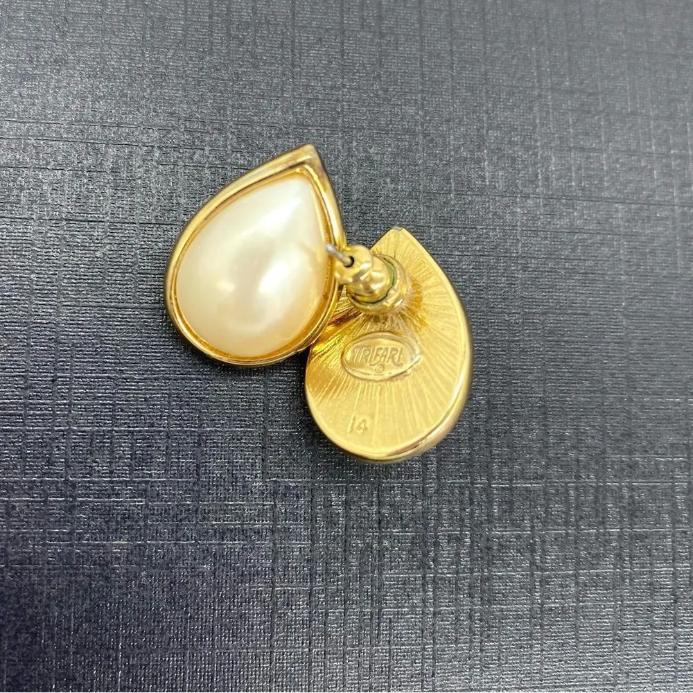 Vintage Trifari Classic 14K Faux Pearl Teardrop Earrings - Image 4