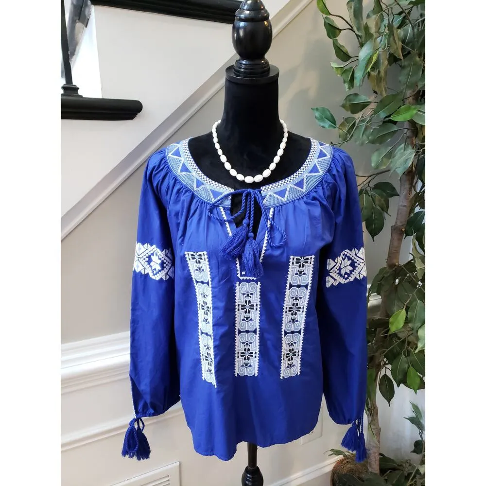 Women's Crown & Ivy Blue Embroidered Boho Top XL Long Sleeves Outdoor - Image 2