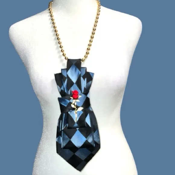 “Dainty Dapper”Blue and dark blue necktie Necklace with Rose Accent brooch - Image 2