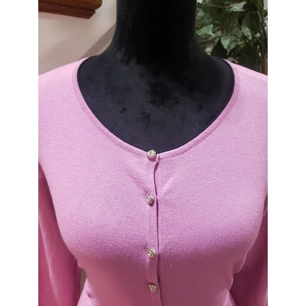 Emma James Women Pink Solid Rayon Round Neck Long Sleeve Cardigan Sweater Size S - Image 2