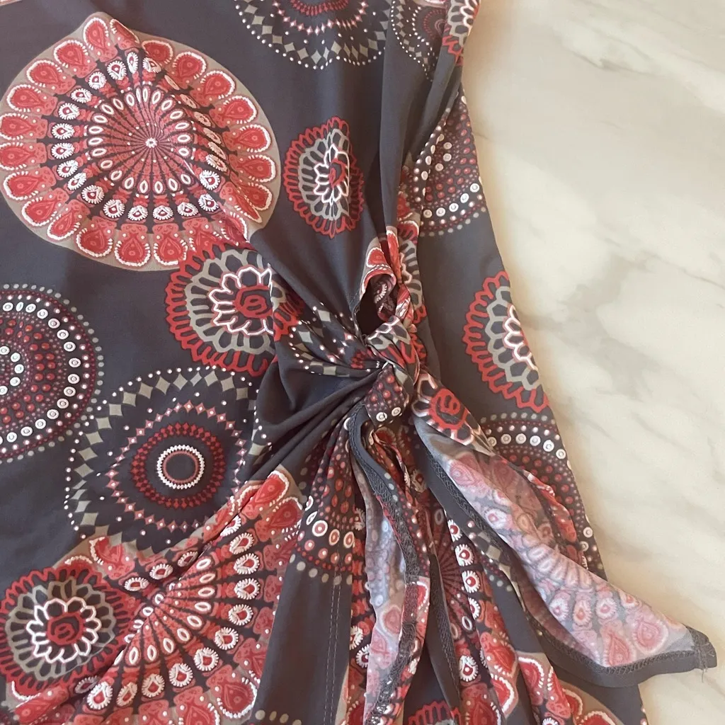 Robbie Bee XL Sleeveless Dress Gray Red Mandala Print Tie Front Stretch Career - Image 5