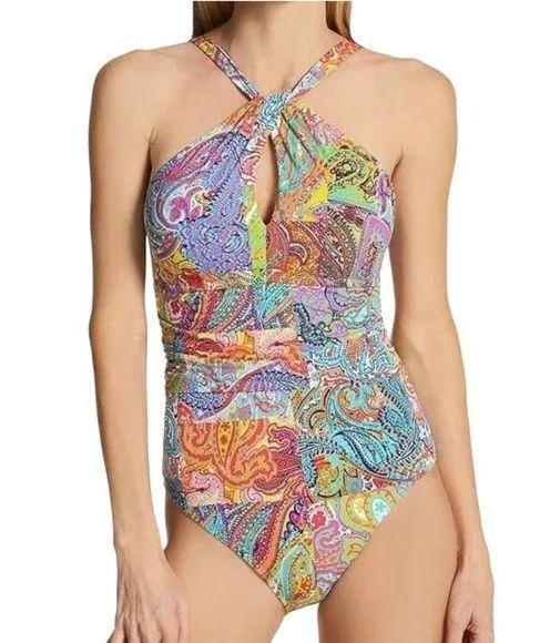 NWT Bleu Rod Beattie Paisley Print Halterneck One-Piece Swimsuit Size 10 NEW - Image 1
