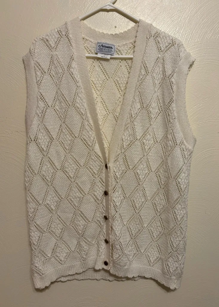 🧶 Vintage Amana Woolen Mill White Knit Button Front Sweater Vest | Size L Size L - Image 1