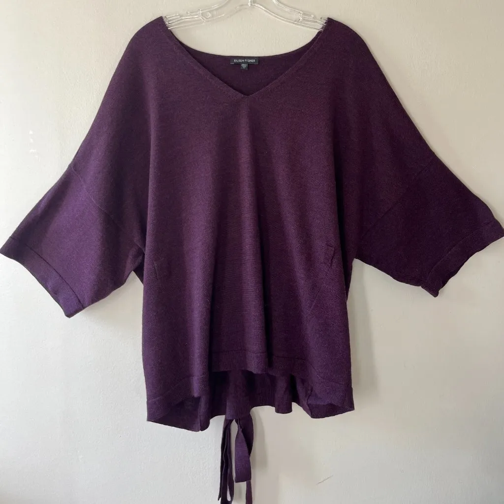 Eileen Fisher Sz XL Purple V Neck Merino Wool Pullover Blouse Tunic Sweater Belt - Image 10