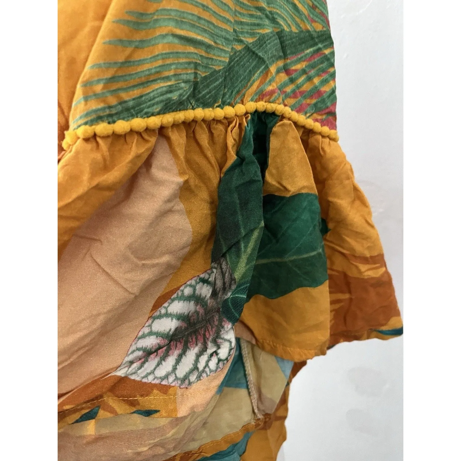 Womens Tropical Flared Sleeves Tunic Small Pom Pom Resort Flower Beach Brazil Yellow - Image 4