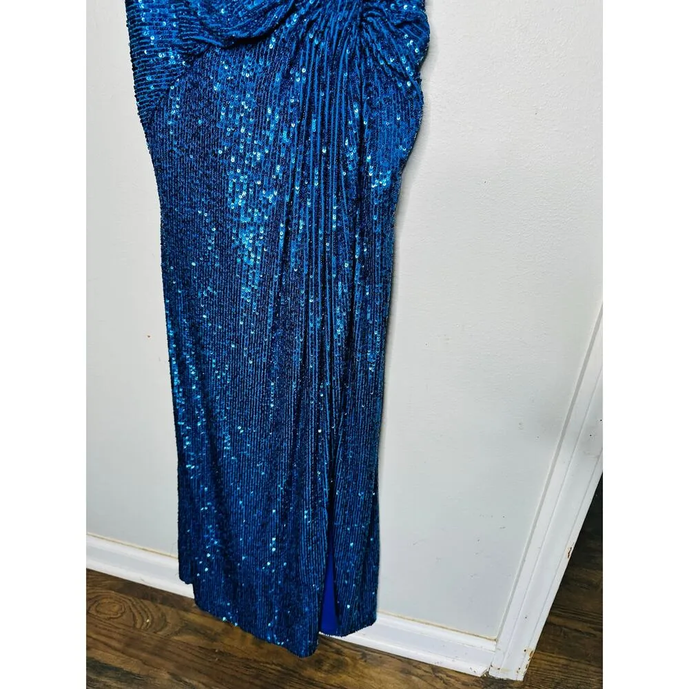 JOVANI Blue Sequin V-Neck Spaghetti Strap Front Slit High Gown Dress size 8 - Image 13