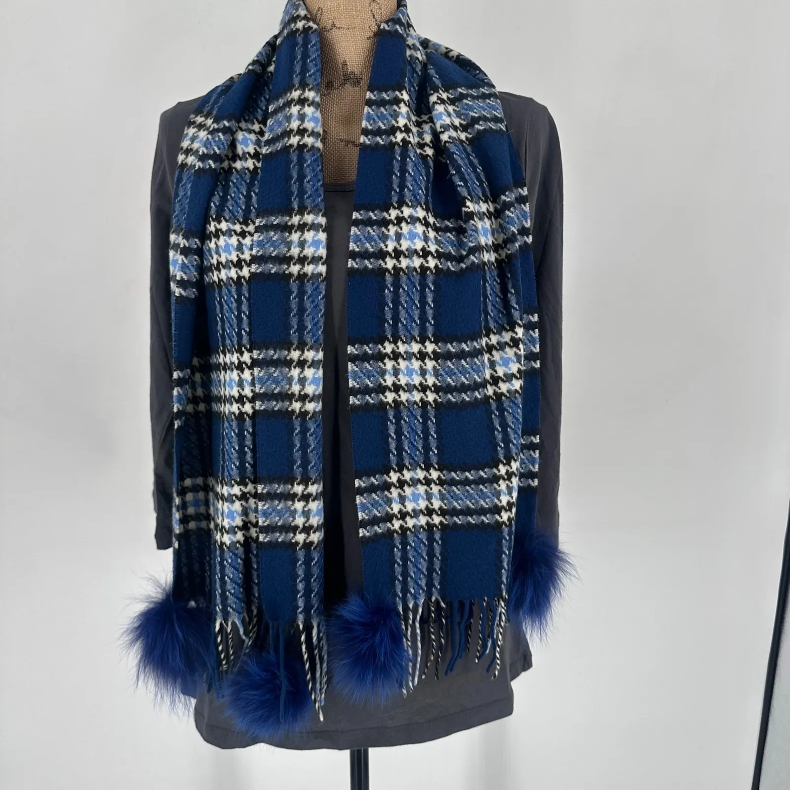 Cashmere Plaid Scarf Blue White Black Faux Fur Pom Poms Fringe Preppy Old Money - Image 3