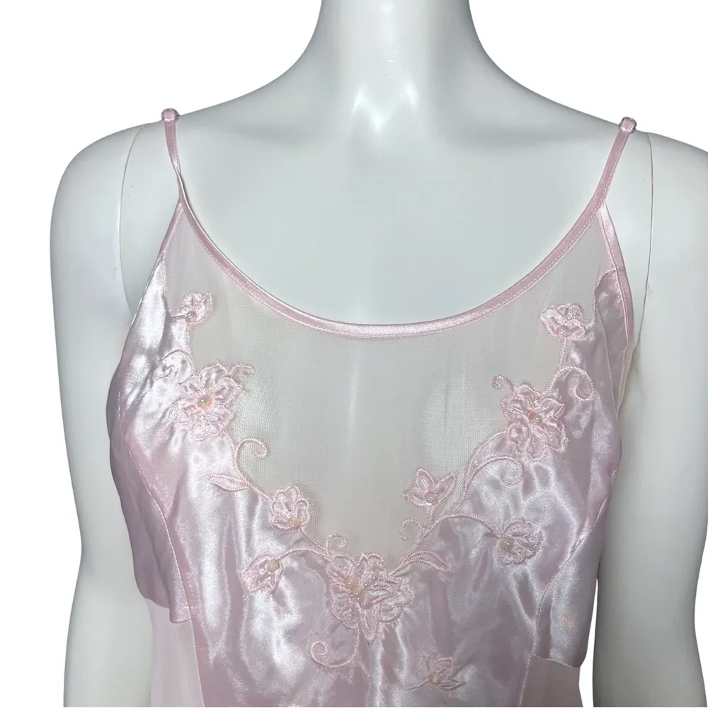 Vintage 90s Y2K Pink Lingerie Slip Dress Sheer Embroidered Beaded M/L Coquette Size L - Image 10