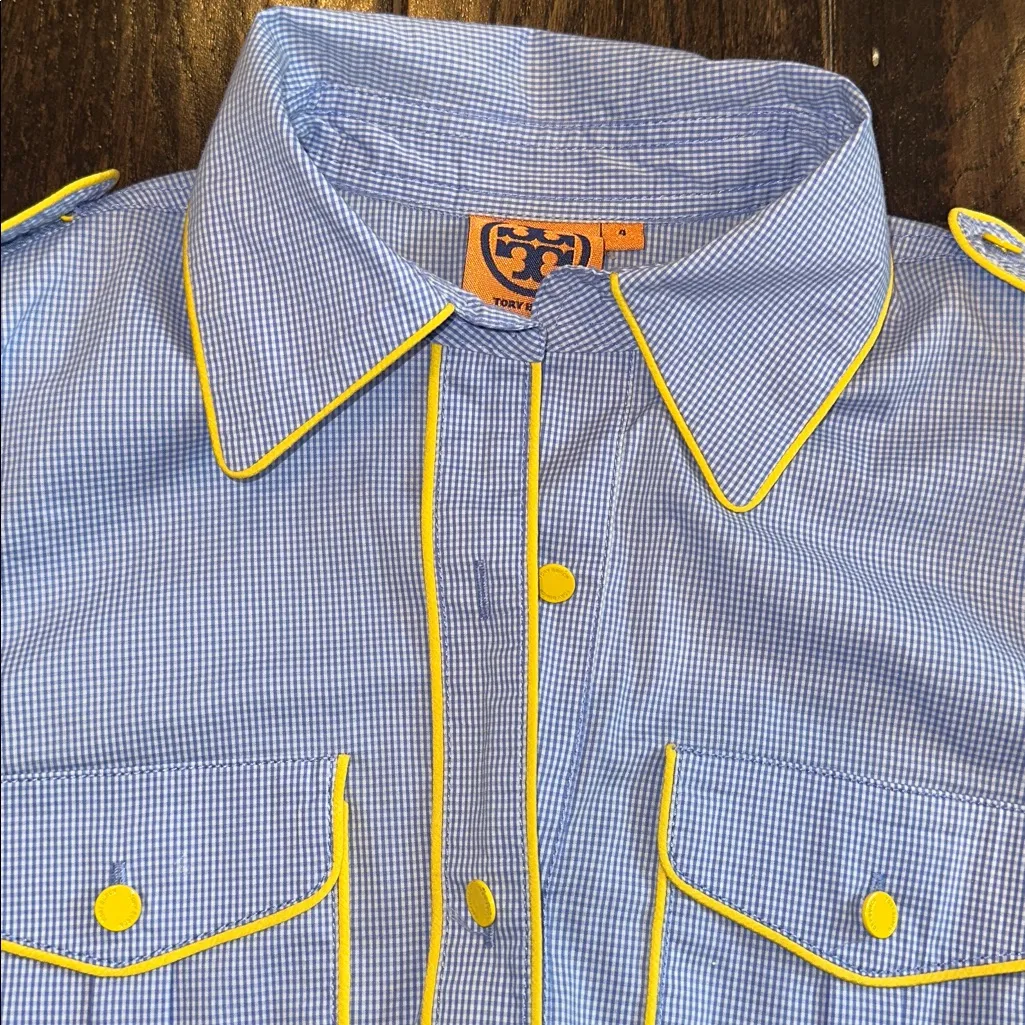 Tory Burch Blue Checkered button down Shirt size 4 - Image 4