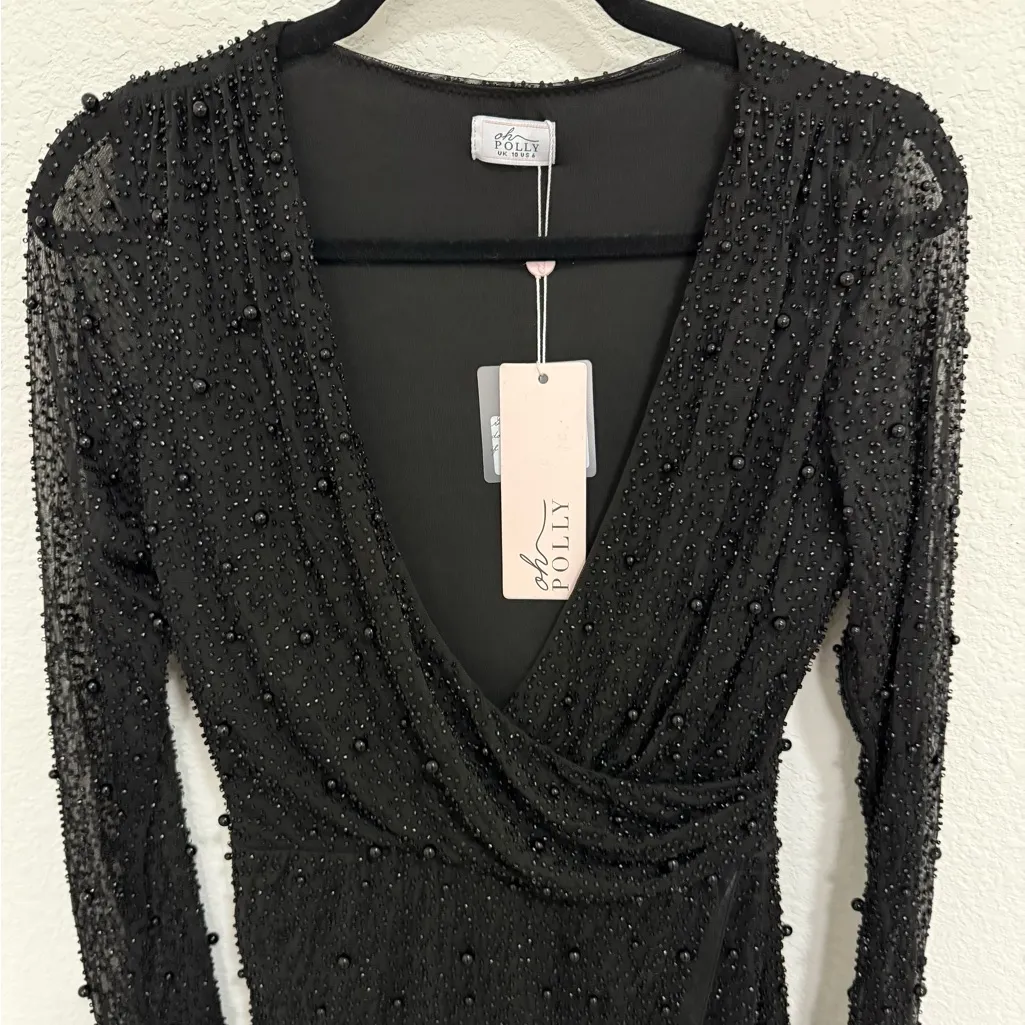 Oh Polly Chelsea Black Embellished Wrap Over A-Line Mini Dress Size 6 NEW Sexy - Image 4