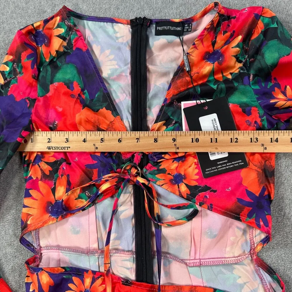 PRETTYLITTLETHING Split Skirt Ring Detail Bodycon Dress Size 0 Multicolor Floral - Image 11