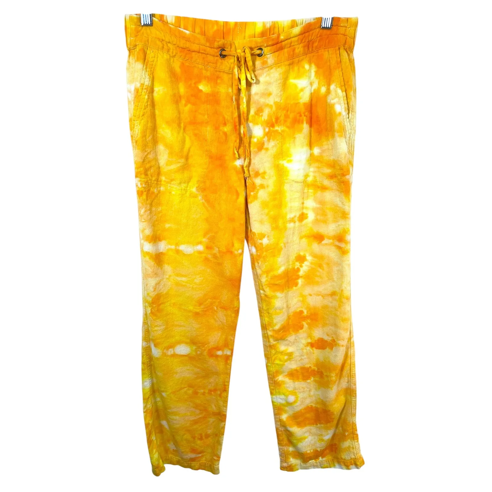 Cynthia Medium Linen Pants Handmade Tie Dye Yellow Orange Lounge Palazzo‎ 1592 - Image 2