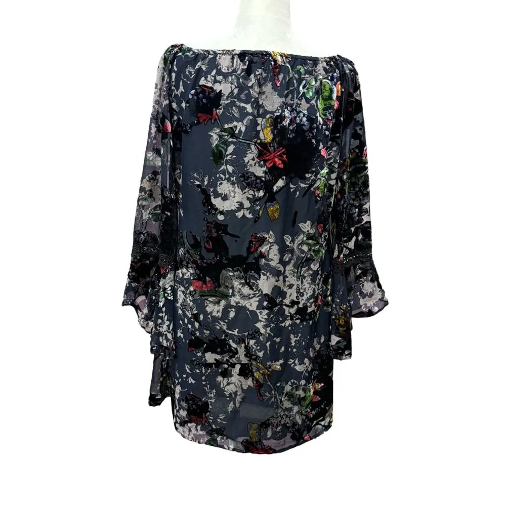 Velvet Burnout Dress Floral Bell Sleeve Sz: M Whimsy Goth Fairy Cottage Bronte Size M - Image 5