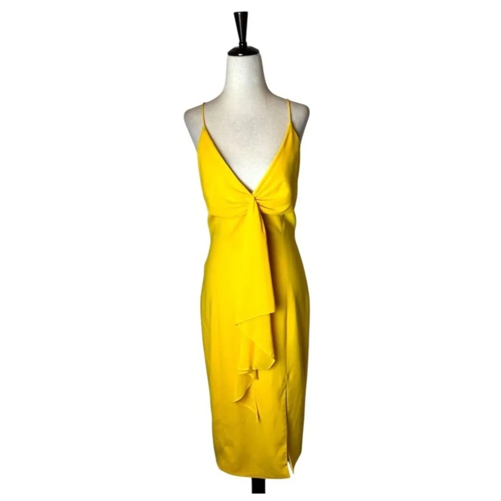 Jay Godfrey Dress Women 4 Yellow Sunflower V Neck Front Ruffle Sheath Midi Party - Image 3