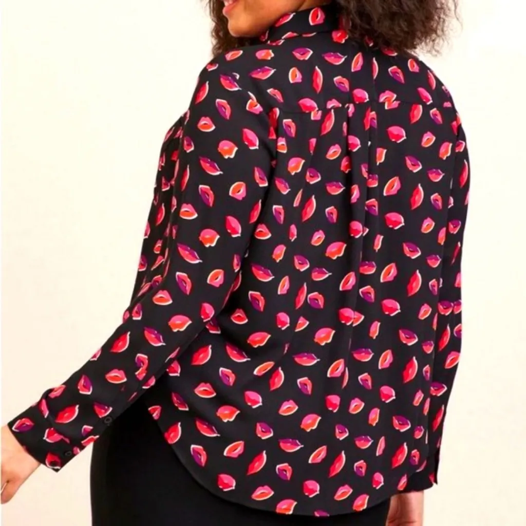 Torrid Black Sz 0 Pink Lips Lizzie Georgette Button Up Long Sleeve Shirt L 12 - Image 3