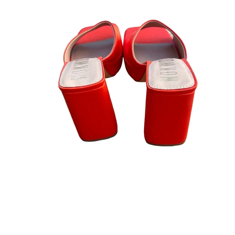 Nokwol Macie Platform Square Toe Heeled Mules Sandals in Red Orange Satin 11 - Image 6