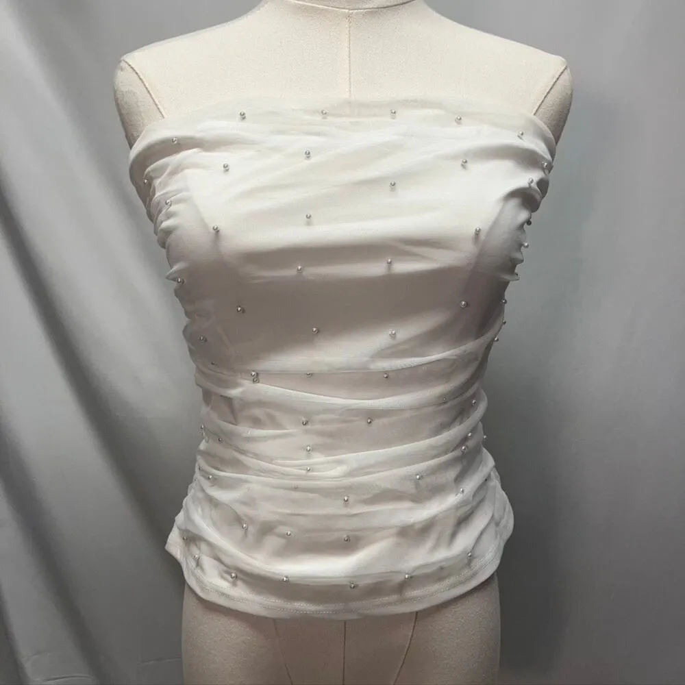 Lulus Flirty Glamour White Mesh Pearl Strapless Crop Top Juniors XL Stretchy - Image 2