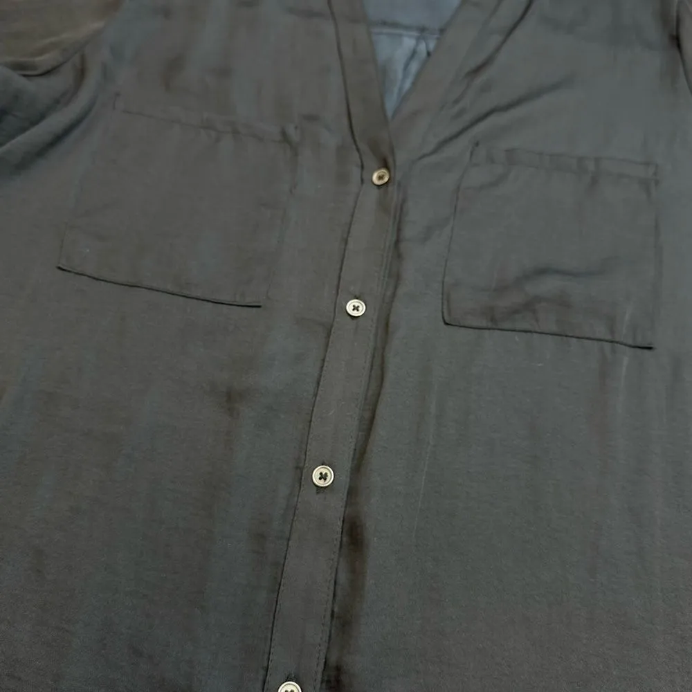 Forever 21 Women's Flowy Satiny Button Up Button Down Blouse L LG Large Black - Image 8