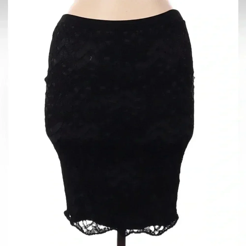 EILEEN FISHER Black Gray Knit Crochet Lace Overlay Straight Pencil Skirt Size XS - Image 3
