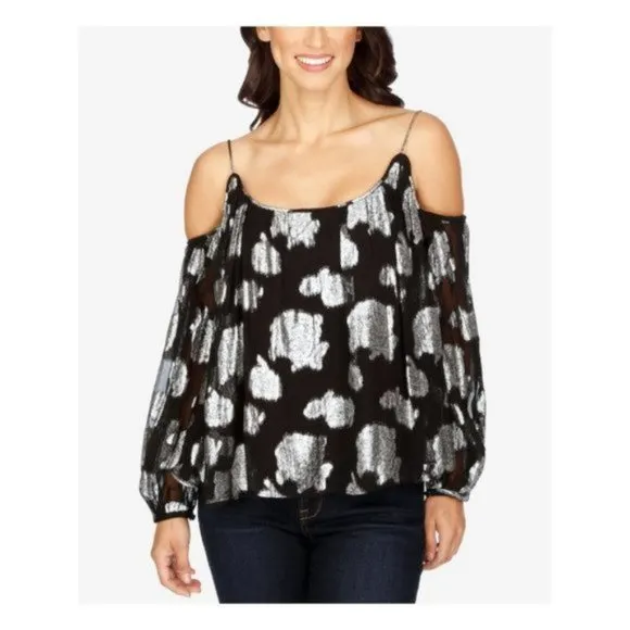 Lucky Brand Blouse XS NWT Off Shoulder Floral Silver Metallic - Image 2
