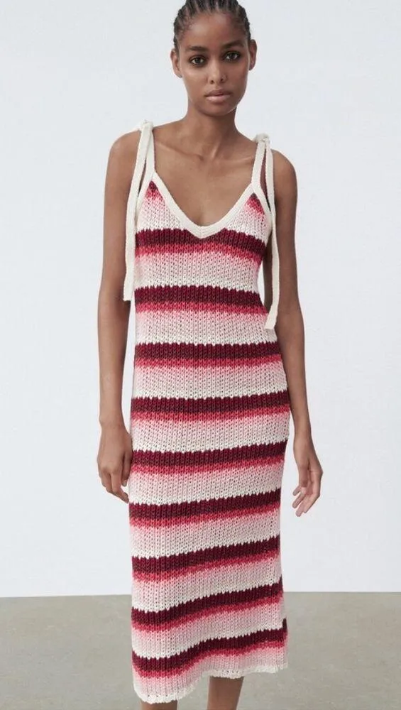 NWT Zara Striped Crochet Sleeveless Knit Midi Dress Cream/Pink/Maroon Size Small - Image 14