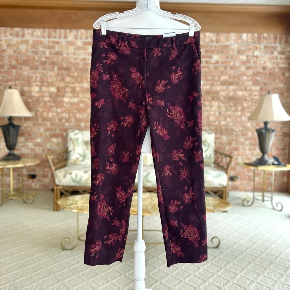 WHBM NEW Pants Cropped Ankle Jacquard Slim Plum Purple Floral 14 Dressy Chic - Image 3
