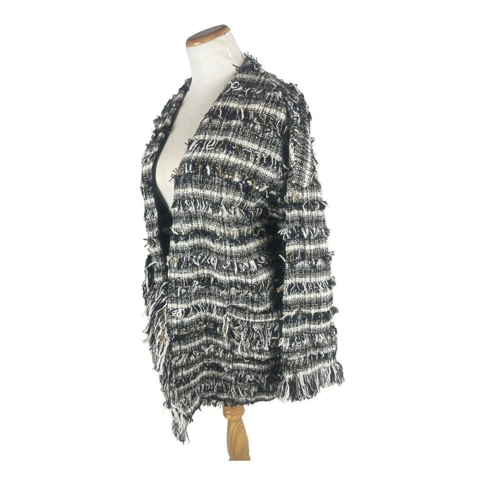 Zara Tweed Open Front Fringe Navy Blazer Jacket‎ S Oversized - Image 4