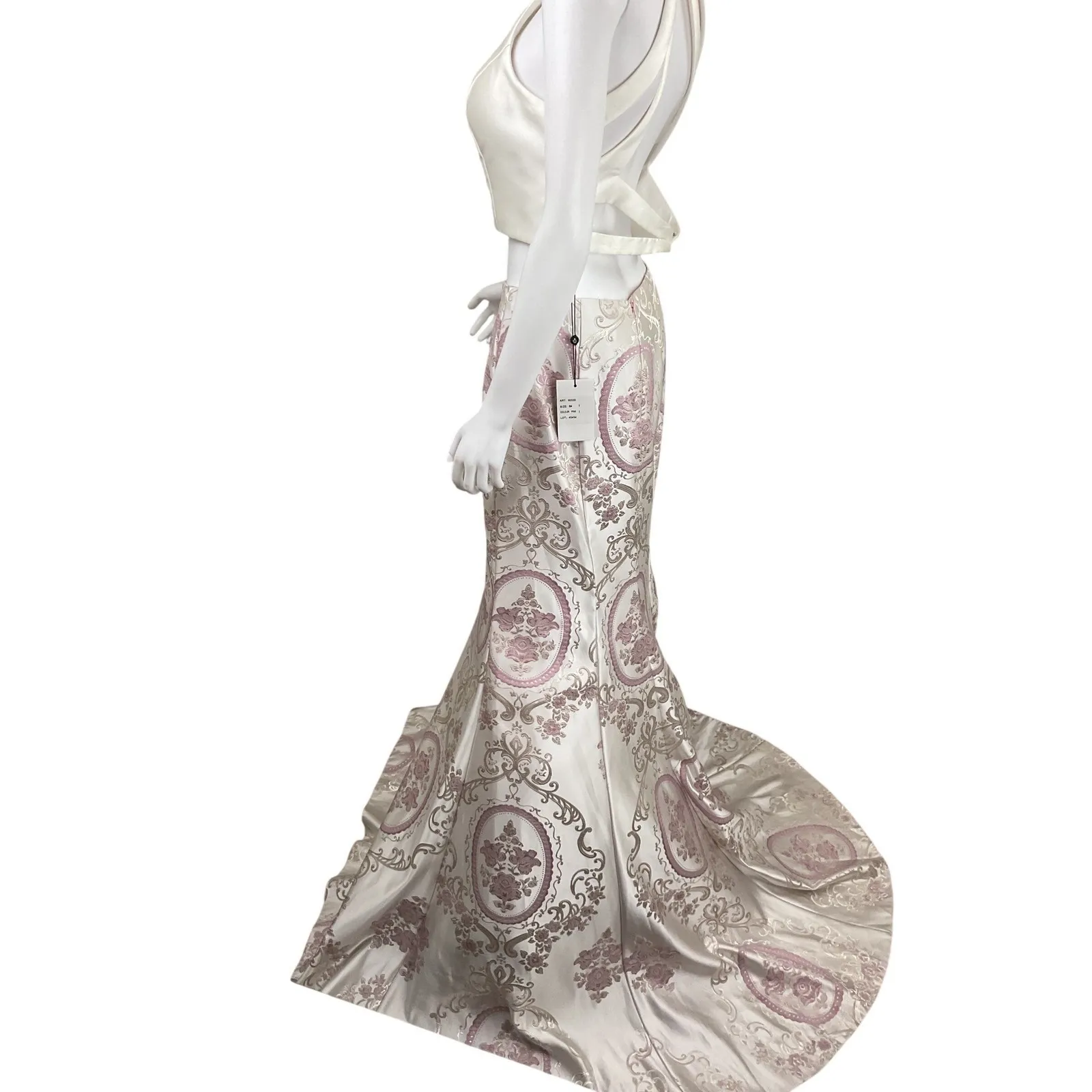 Alyce Paris White Pink Brocade Mermaid Trumpet Gown Formal Evening Dress Size 8 - Image 5