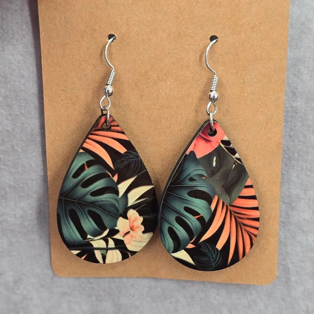 Black Teardrop Tropical Floral Hook Earrings Fashion Jewelry JB1E6 - Image 2