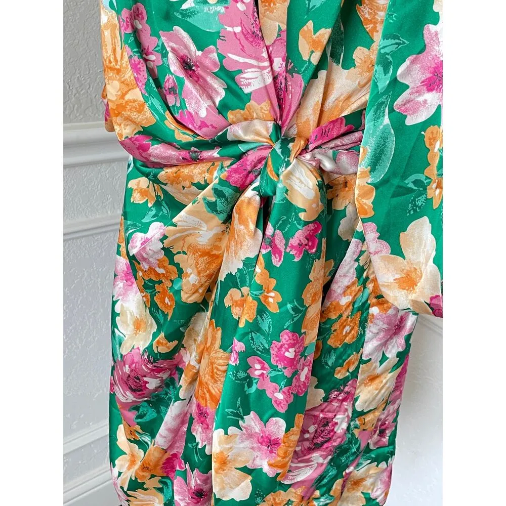 Charles Henry Green Floral Satin Wrap Minidress XL - Image 4