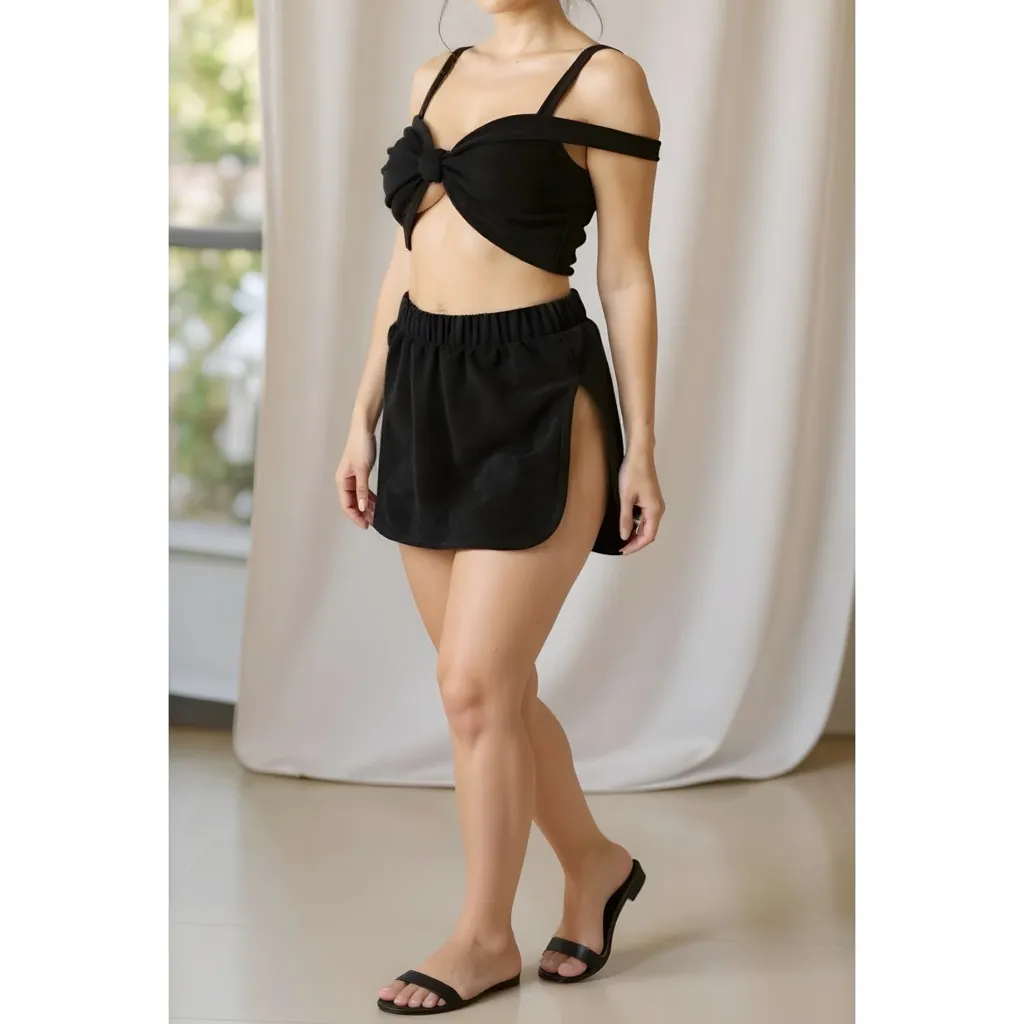 ARE YOU AM I Nicia Plush Terry Mini Skirt, Black, XS Black - Image 5