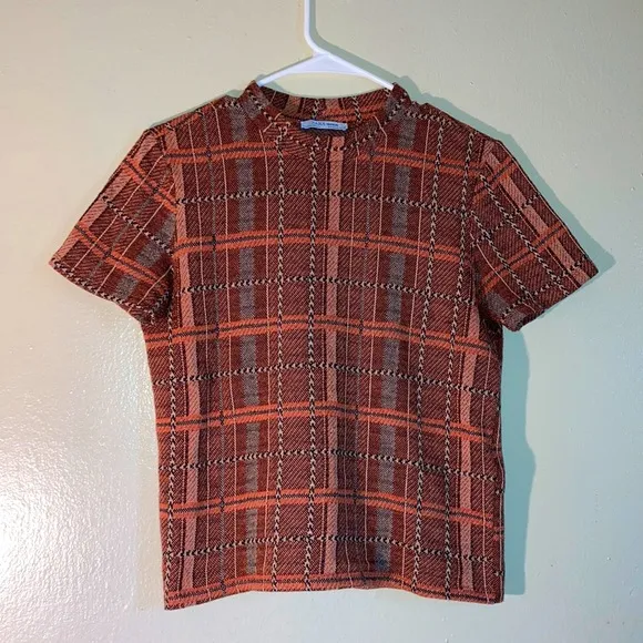 Zara Madras Top Women Size Medium Burnt Orange Black & Beige - Image 1