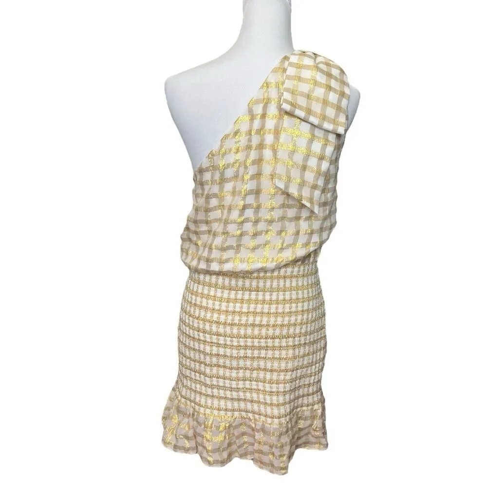Rebecca Vallance NWT Almeria One Shoulder Mini Dress Size 14 Metallic Gingham Gold - Image 5