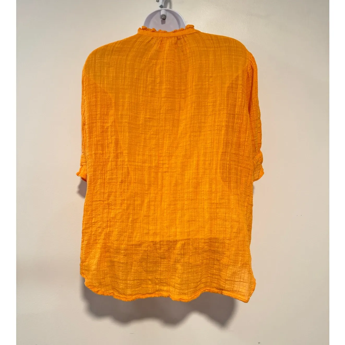 Apiece Apart Women’s Ruffle Neck Blouse Medium Orange Gauzy Organic Cotton - Image 2