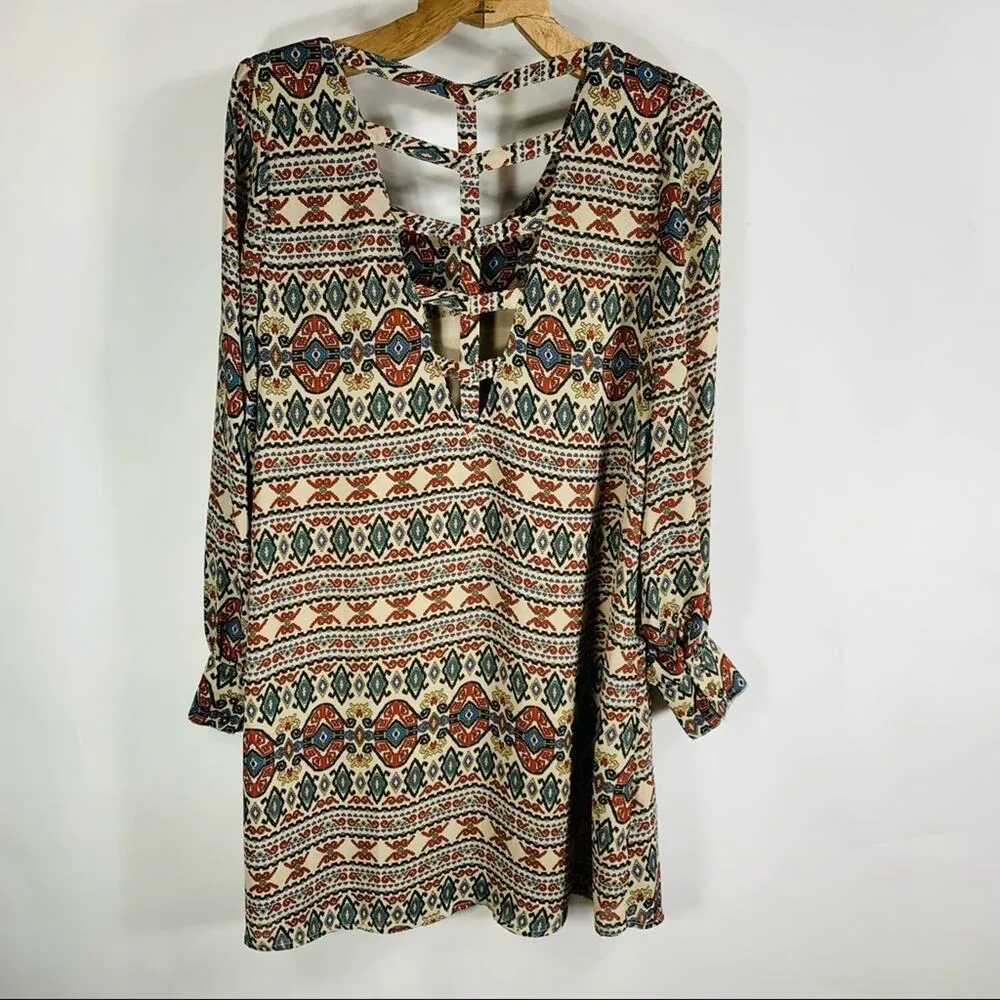 Aztec Open Back Shift Dress Tan Rust Sz Small - Image 6