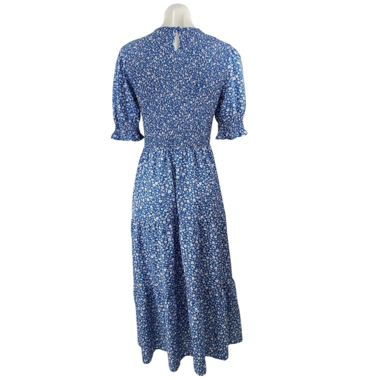 BTFBM Women's Blue Floral Peasant Short Puff Sleeve Tiered A Line Maxi Dress M Size M - Image 4
