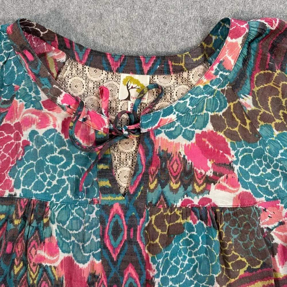 Anthropologie Fig & Flower Peasant Blouse w/Lace Back Womens 2X Boho Mixed Print Pink - Image 3