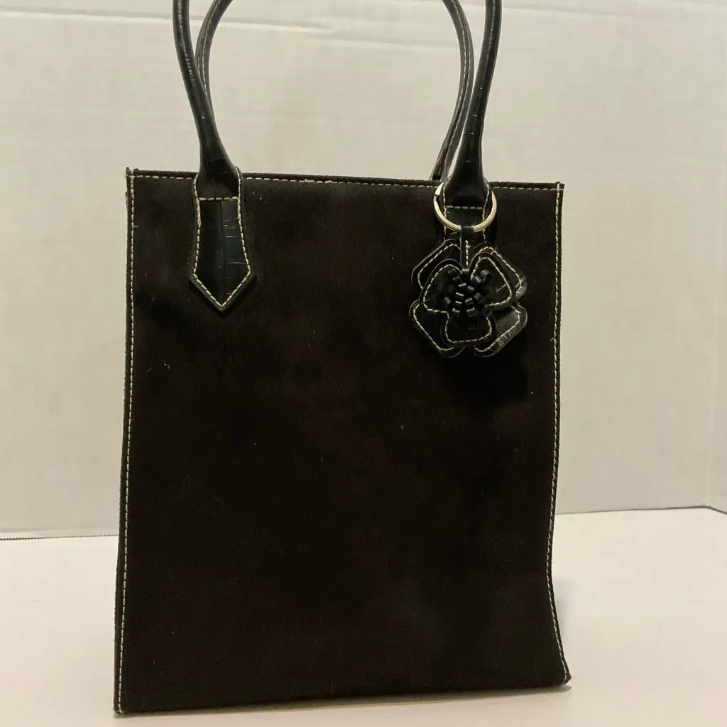 Victoria's Secret Black Handbag with Faux Leather Flower Keychain Small - Image 2