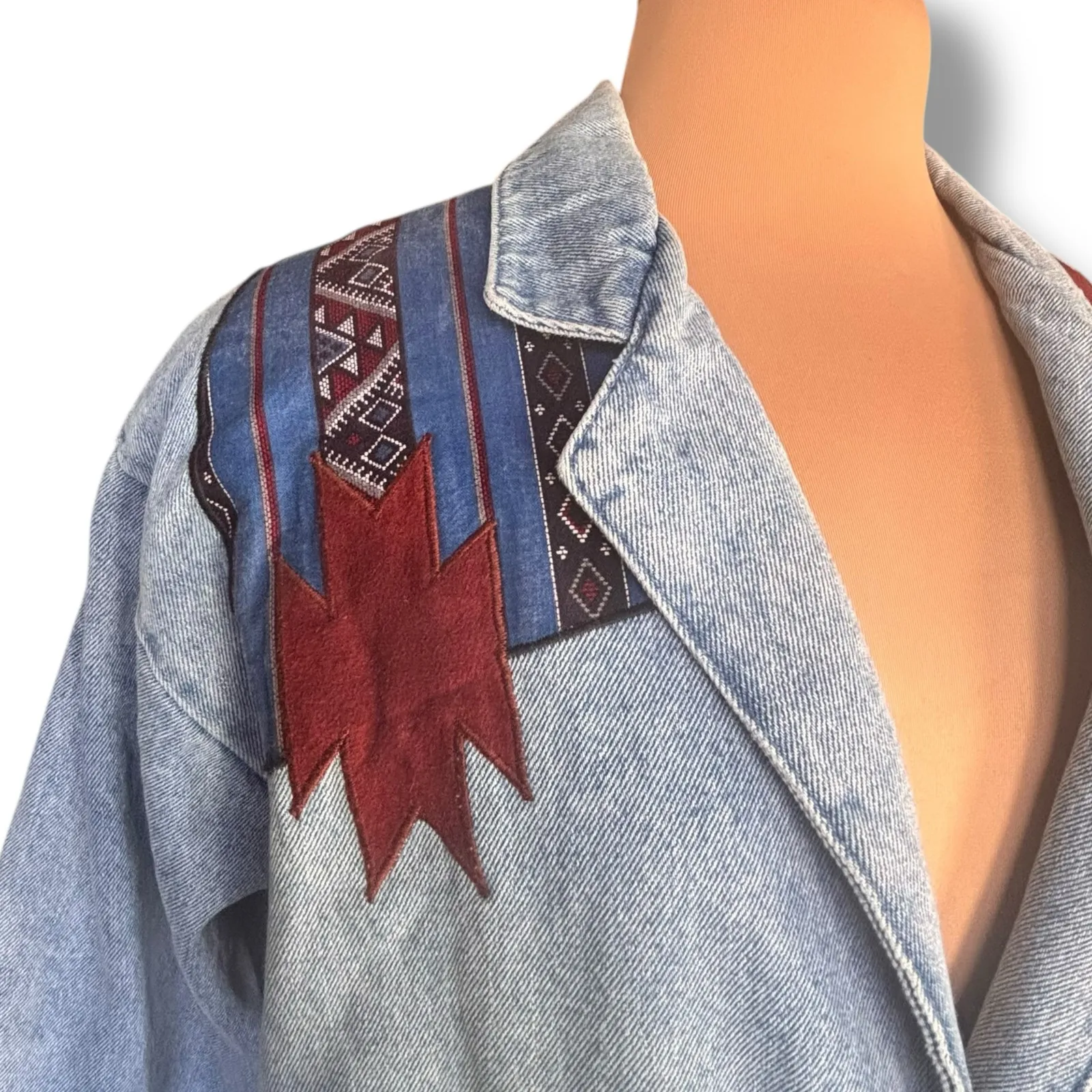 Vintage 90s Frontier Connection Denim Jacket Oversized Blazer Southwestern Art Blue Size M - Image 2